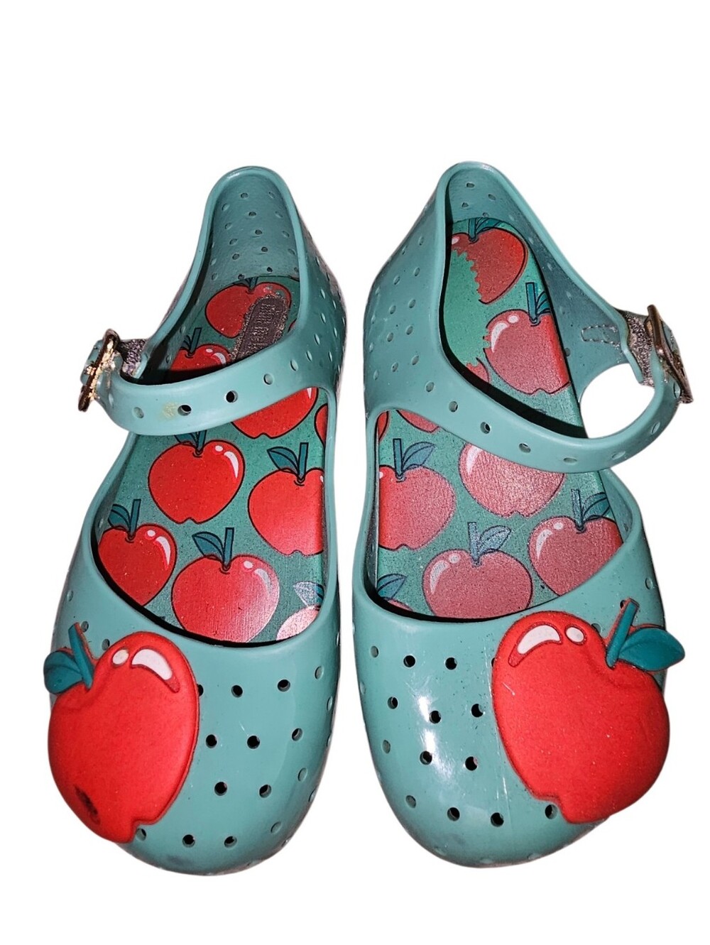 Mini Melissa Teal Mary Jane Sandals with Red Apple Accent